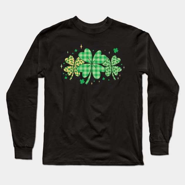 Lucky Leaf Clover Leopard Plaid Long Sleeve T-Shirt by Skinite